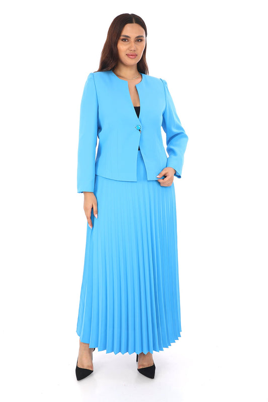 Önden Düğmeli Ceket ve Maksi Boy Pliseli Etek İkili Kadın Takım