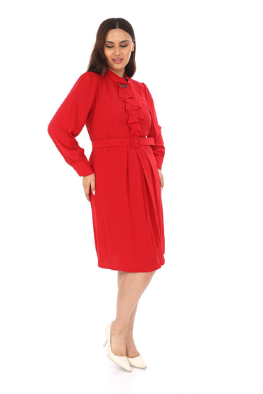 Fırfır Detaylı Kemerli Diz Altı Elbise