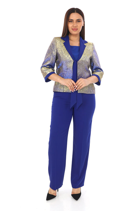Saks Mavisi Pantolon & Altın Detaylı Ceket Üçlü Takım (Ceket + Bluz + Pantolon)