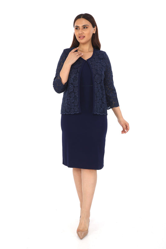 Lacivert Dantel Desenli Ceketli Elbise Takımı