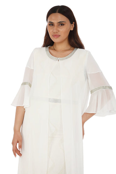 Taş Detaylı Yaka Uzun Ceket ve Şifon Kollu Elbise