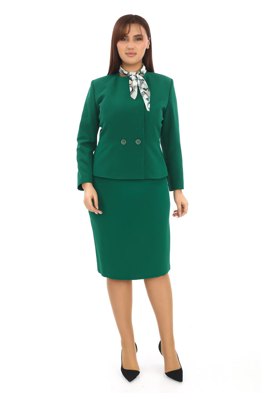 Fular Detaylı Sıfır Yaka Ceket ve Kalem Etek