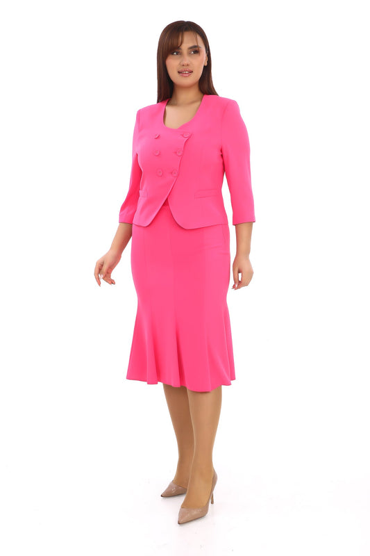 Düğmeli U Yaka Ceket ve Pileli Etek İkili Kadın Takım