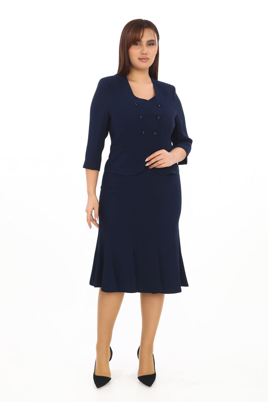 Düğmeli U Yaka Ceket ve Pileli Etek İkili Kadın Takım