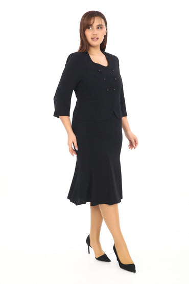 Düğmeli U Yaka Ceket ve Pileli Etek İkili Kadın Takım