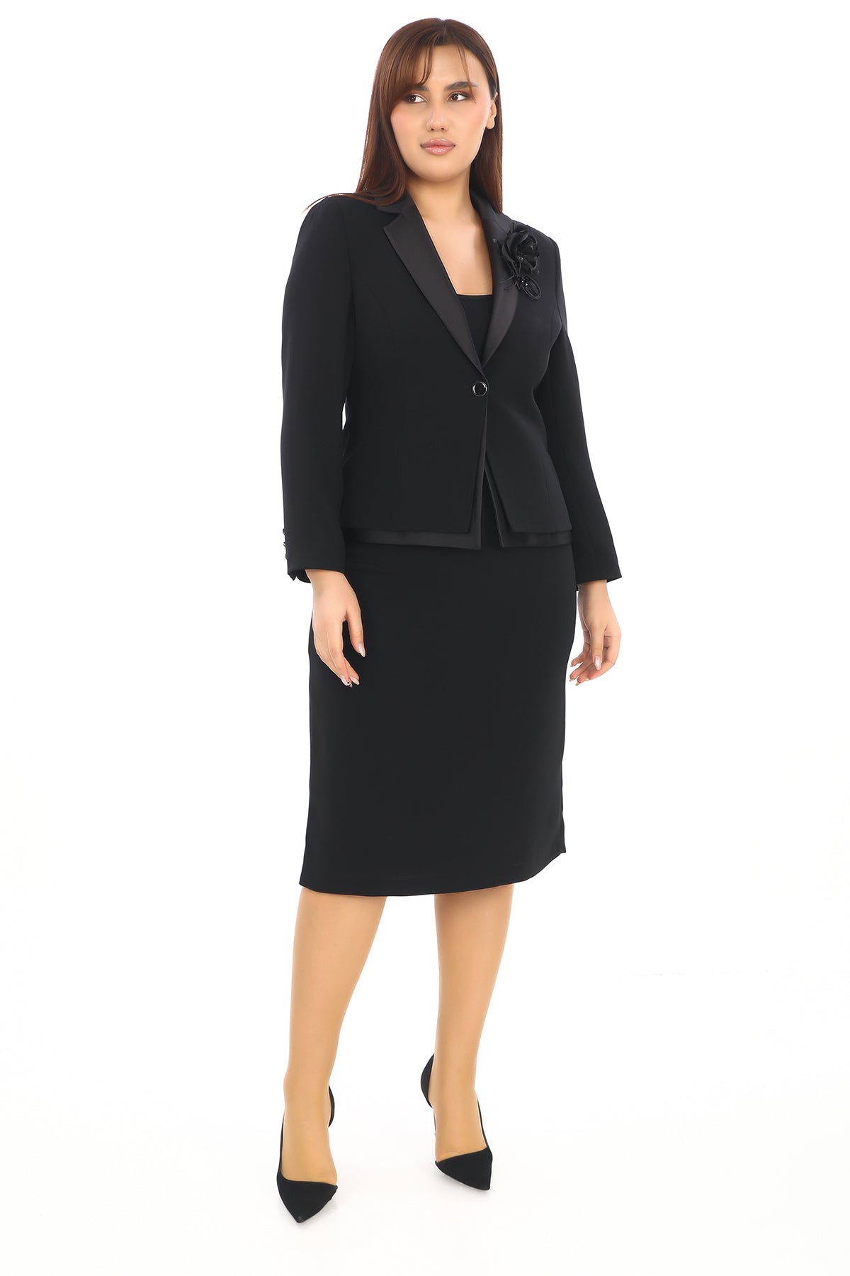 Saten Yaka Çiçek Detaylı Ceket ve Etek Kadın Takım