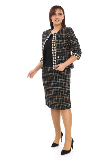 Ekose Desen Truvakar Kol Ceket, Bluz ve Etek Üçlü Kadın Takım
