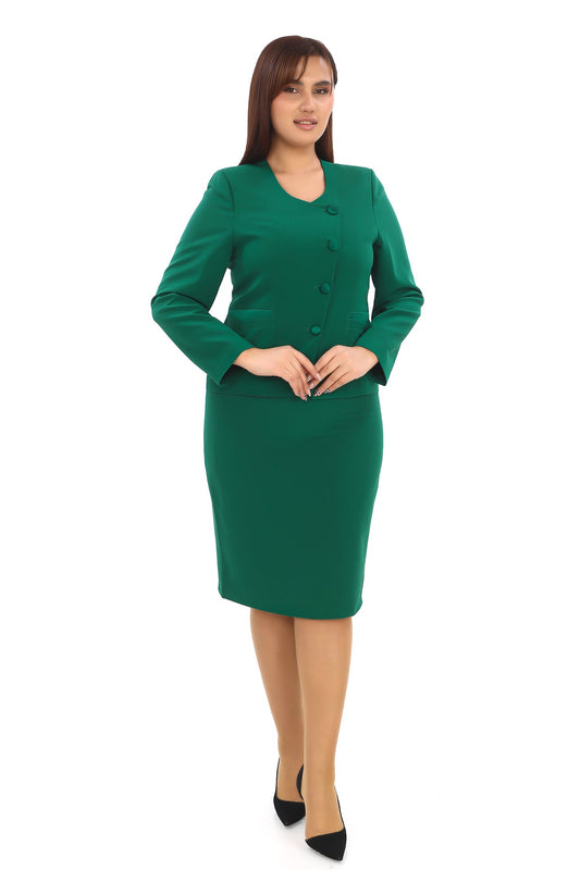 Asimetrik Yaka Düğmeli Ceket ve Etek – Uzun Kollu