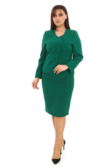 Asimetrik Yaka Düğmeli Ceket ve Etek – Uzun Kollu