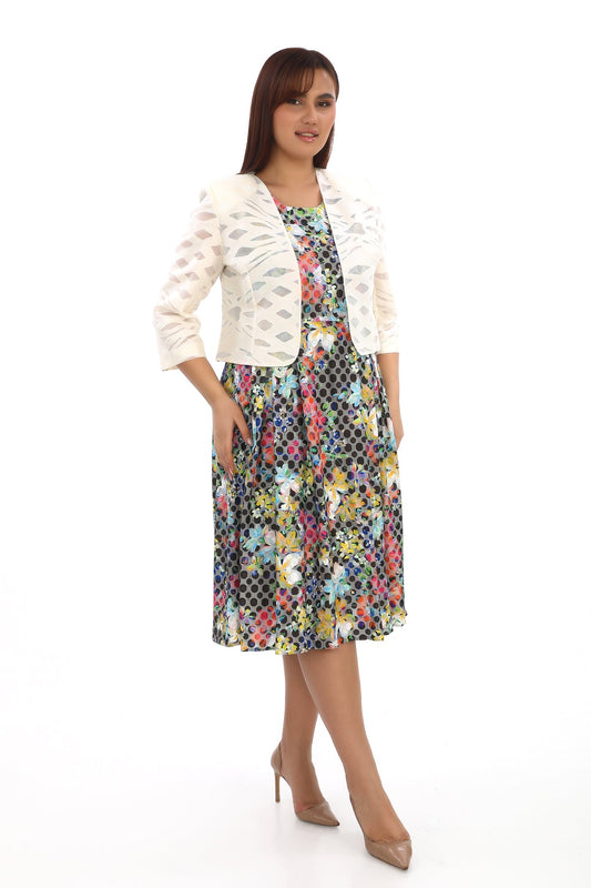 Beyaz Ceketli Çiçek Desenli Elbise Takımı