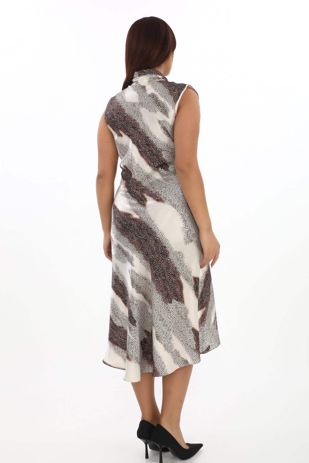 Fular Yaka Desenli Saten Elbise (38-48 Beden)