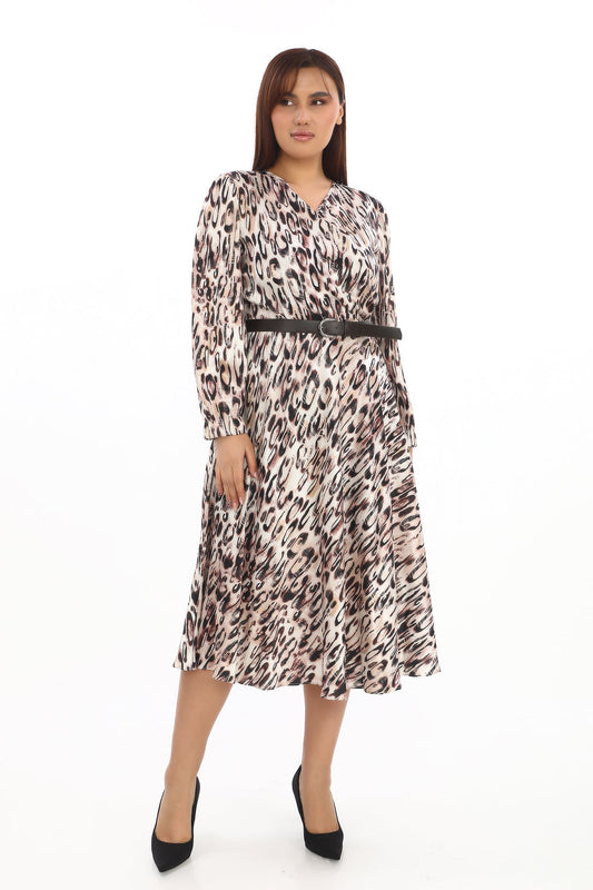 Leopar Desenli Kuşaklı V Yaka Midi Elbise