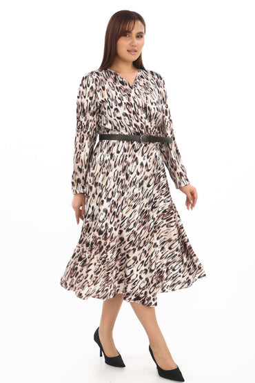 Leopar Desenli Kuşaklı V Yaka Midi Elbise