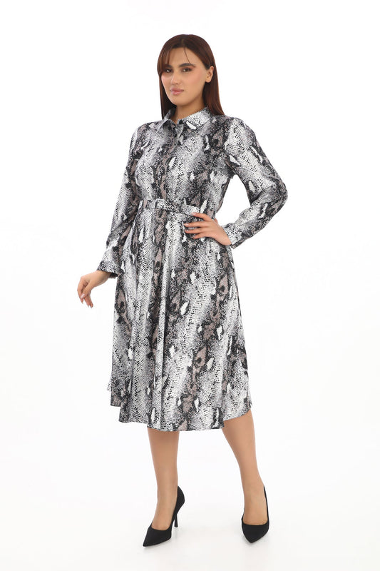 Yılan Desenli Kuşaklı Gömlek Elbise
