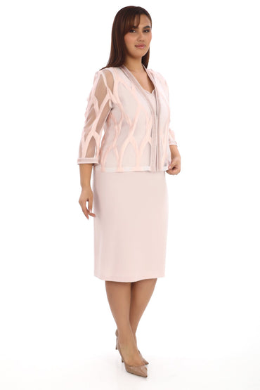 Pudra Şifon Desenli Ceketli Elbise Takımı