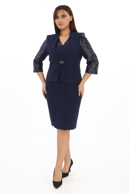 Lacivert Dantel Detaylı Ceketli Elbise Takımı – Büyük Beden Abiye