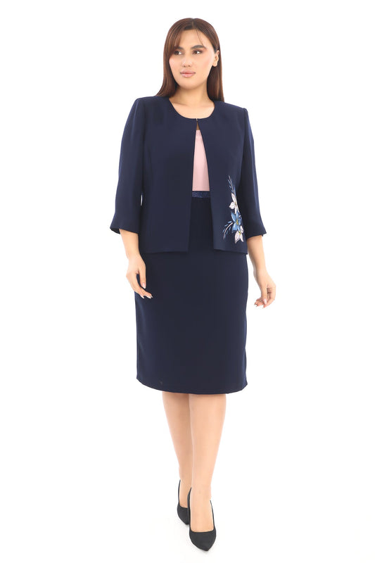 Lacivert Çiçek İşlemeli Ceketli Elbise Takımı