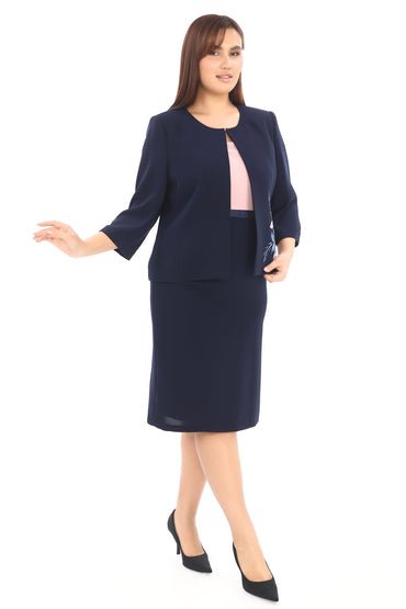 Lacivert Çiçek İşlemeli Ceketli Elbise Takımı