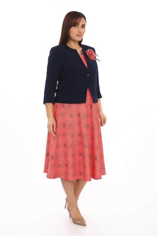 Lacivert Ceketli Mercan Renk Elbise Takımı