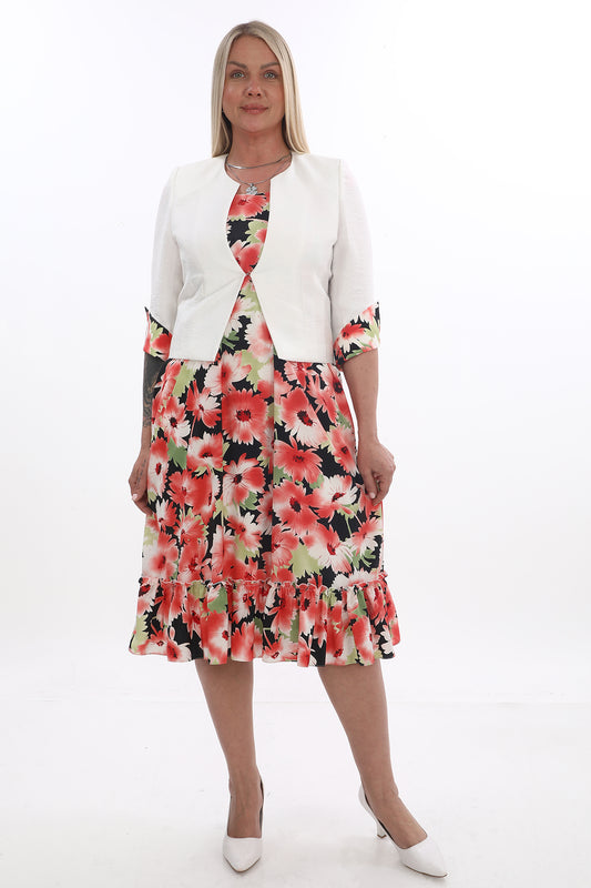 Çiçek Desenli Elbise ve Beyaz Ceket İkili Takım