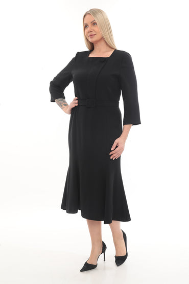 Siyah Kemerli Şık Midi Elbise – 42-48 Beden