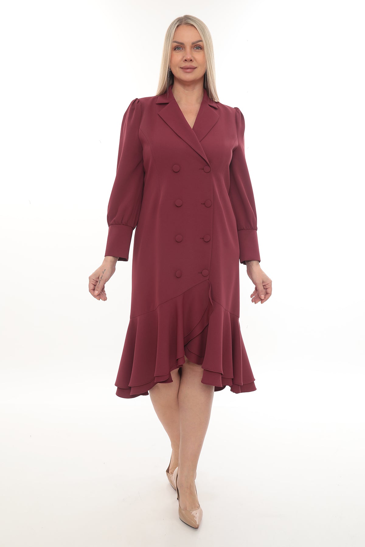 Bordo Kruvaze Volanlı Şık Midi Elbise – Toptan Kadın Giyim