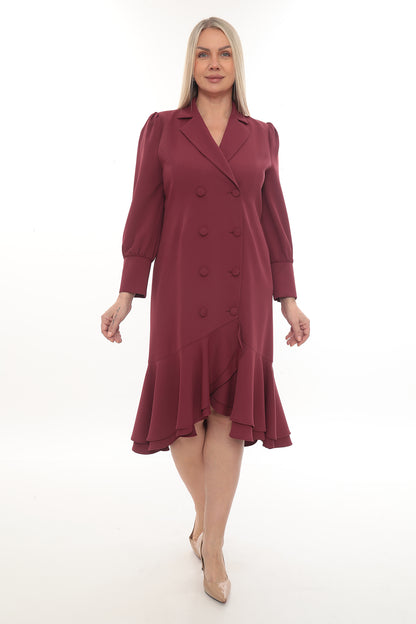 Bordo Kruvaze Volanlı Şık Midi Elbise – Toptan Kadın Giyim