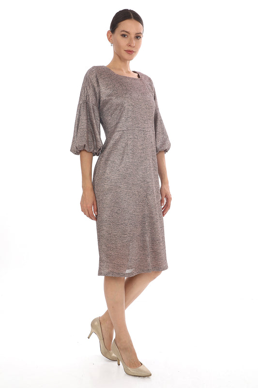 Şık Diz Boyu Balon Kol Elbise