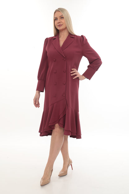 Bordo Kruvaze Volanlı Şık Midi Elbise – Toptan Kadın Giyim