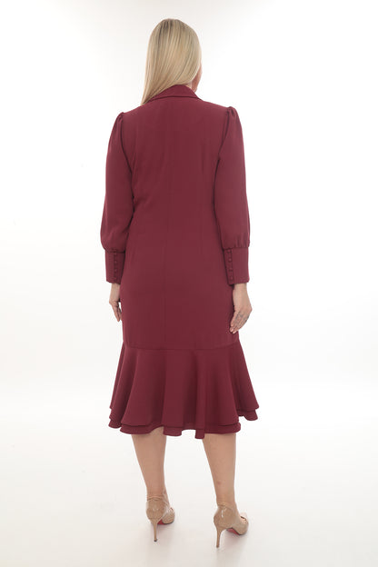 Bordo Kruvaze Volanlı Şık Midi Elbise – Toptan Kadın Giyim