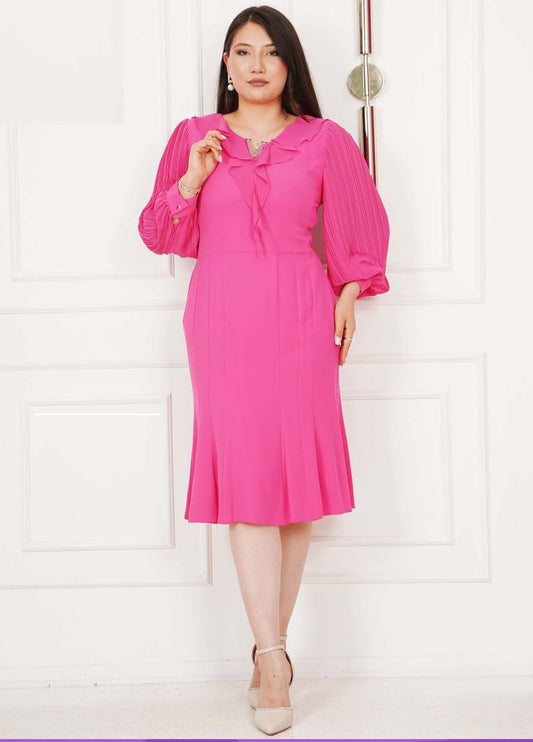 Şifon Kollu Şık Volan Detaylı Elbise 42-48