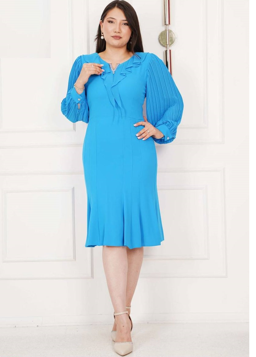 Şifon Kollu Şık Volan Detaylı Elbise 42-48