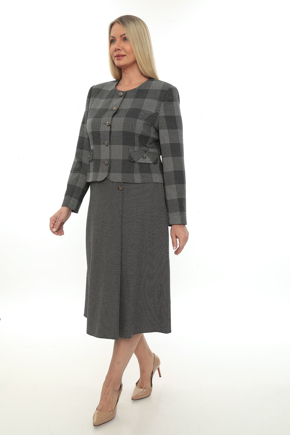 Gri Ekose Desenli Klasik Etek Ceket Takımı-40-46