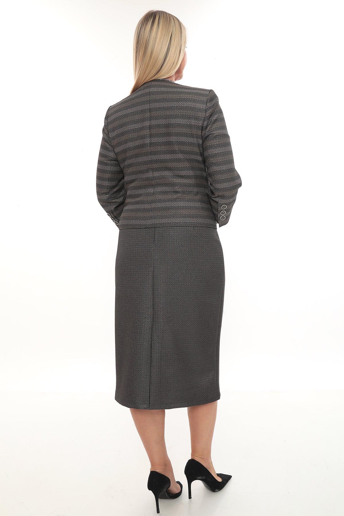 Düğmeli U Yaka Ceket ve Pileli Etek İkili Kadın Takım