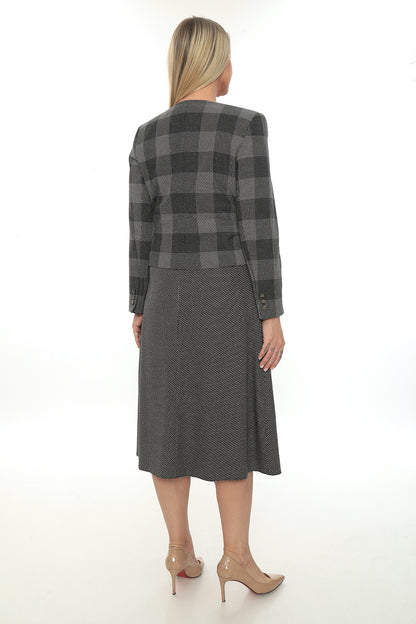Gri Ekose Desenli Klasik Etek Ceket Takımı-40-46
