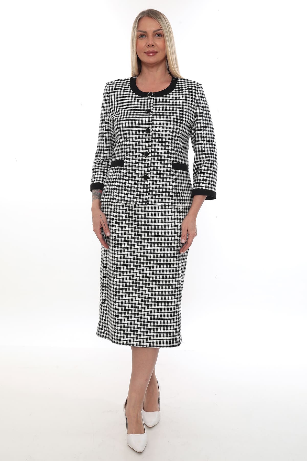 Houndstooth Desenli Ceket ve Etek Takımı