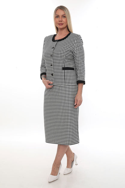 Houndstooth Desenli Ceket ve Etek Takımı