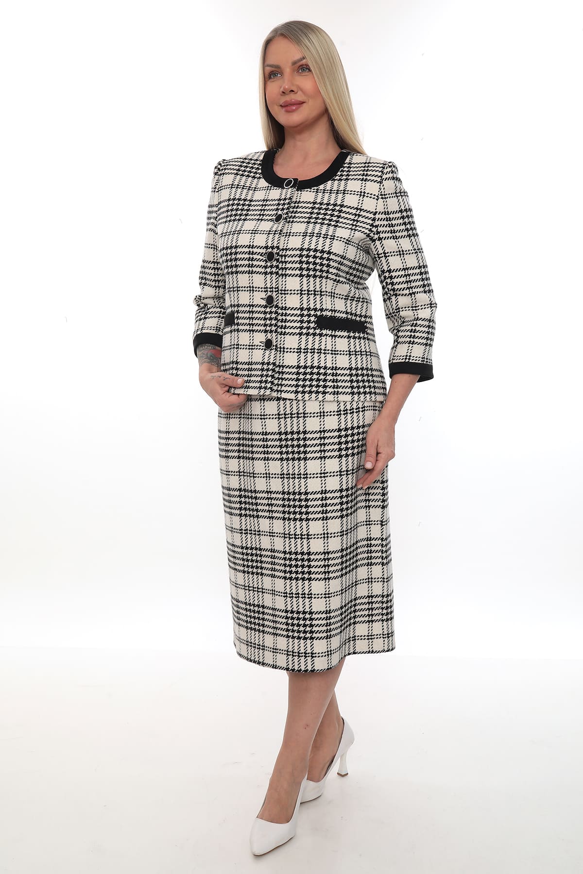 Houndstooth Desenli Ceket ve Etek Takımı