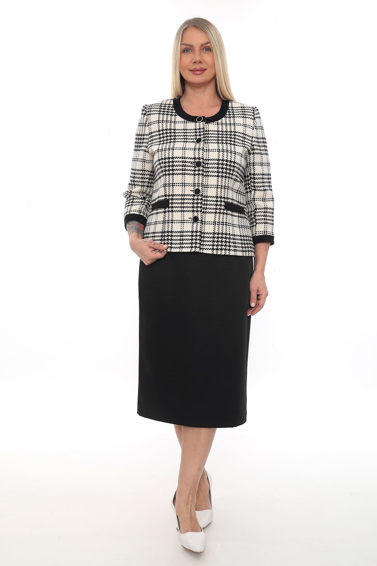 Houndstooth Desenli Ceket ve Etek Takımı