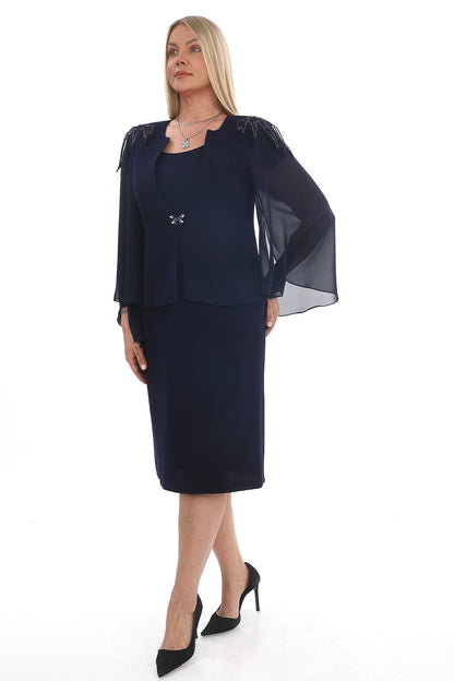 Satin Collar Chiffon Tunic and Sparkly Dress Two Piece Women's Set