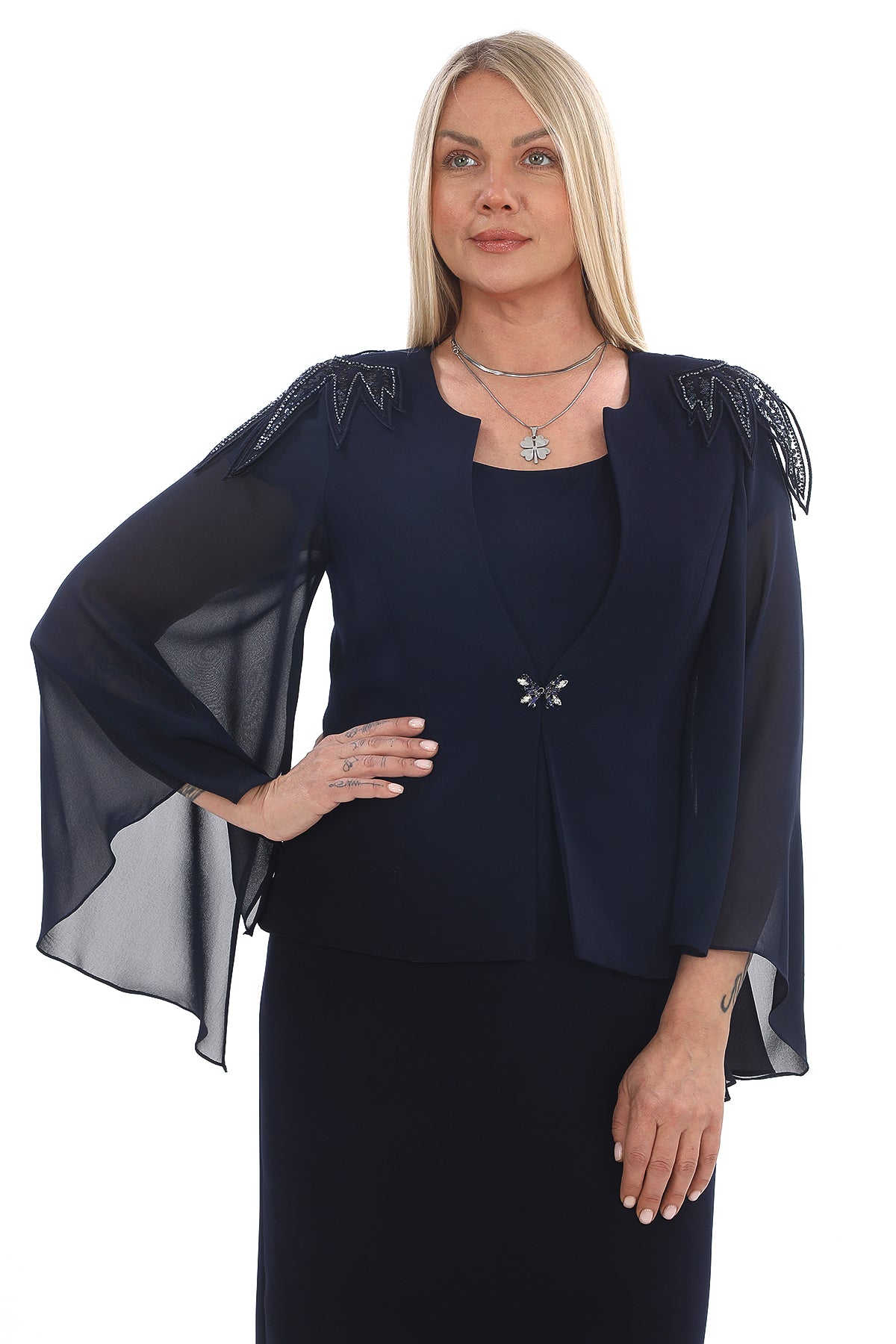 Satin Collar Chiffon Tunic and Sparkly Dress Two Piece Women's Set