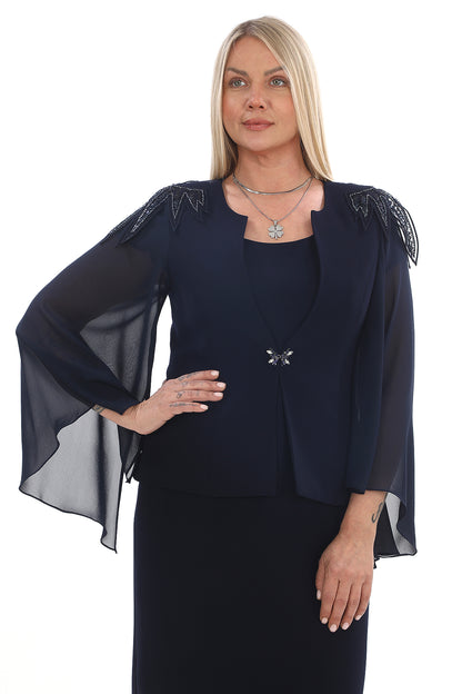 Satin Collar Chiffon Tunic and Sparkly Dress Two Piece Women's Set