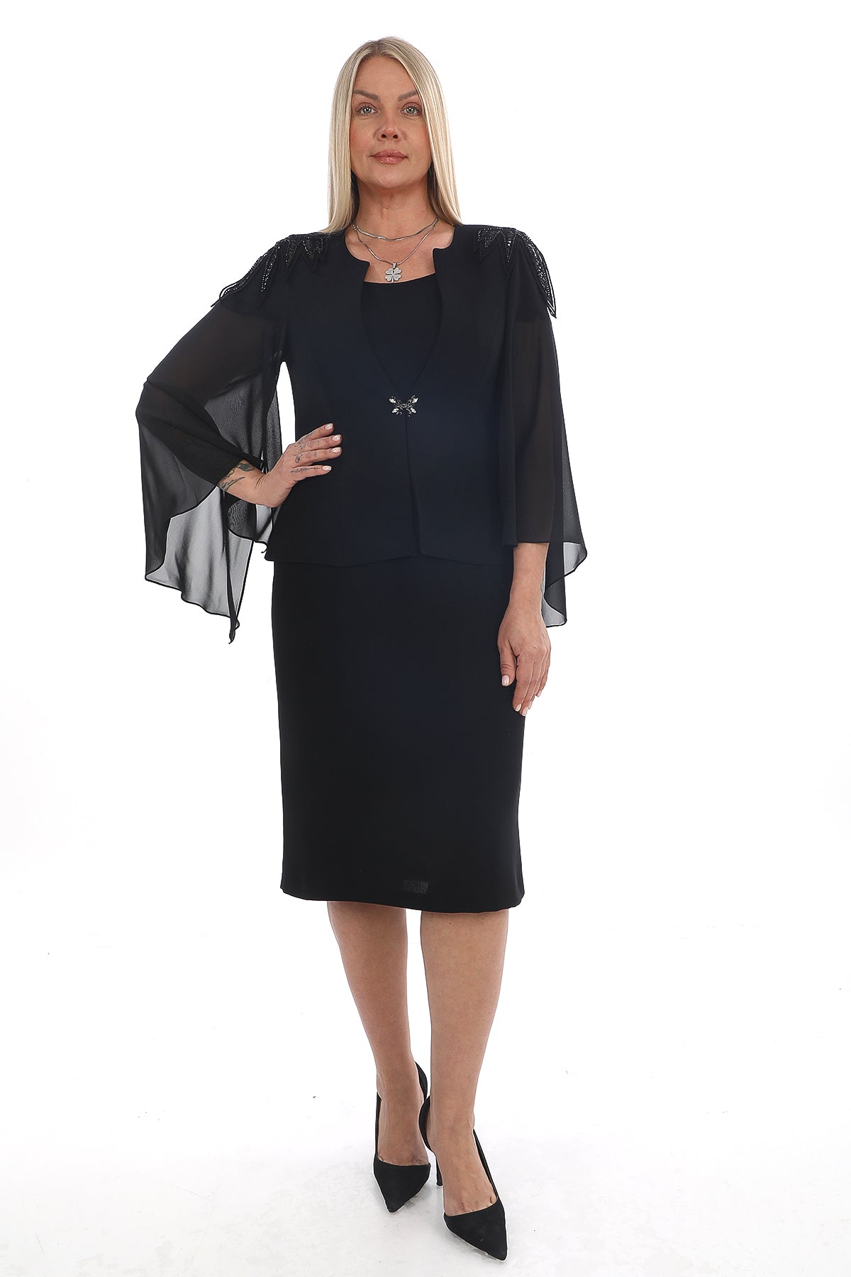 Satin Collar Chiffon Tunic and Sparkly Dress Two Piece Women's Set