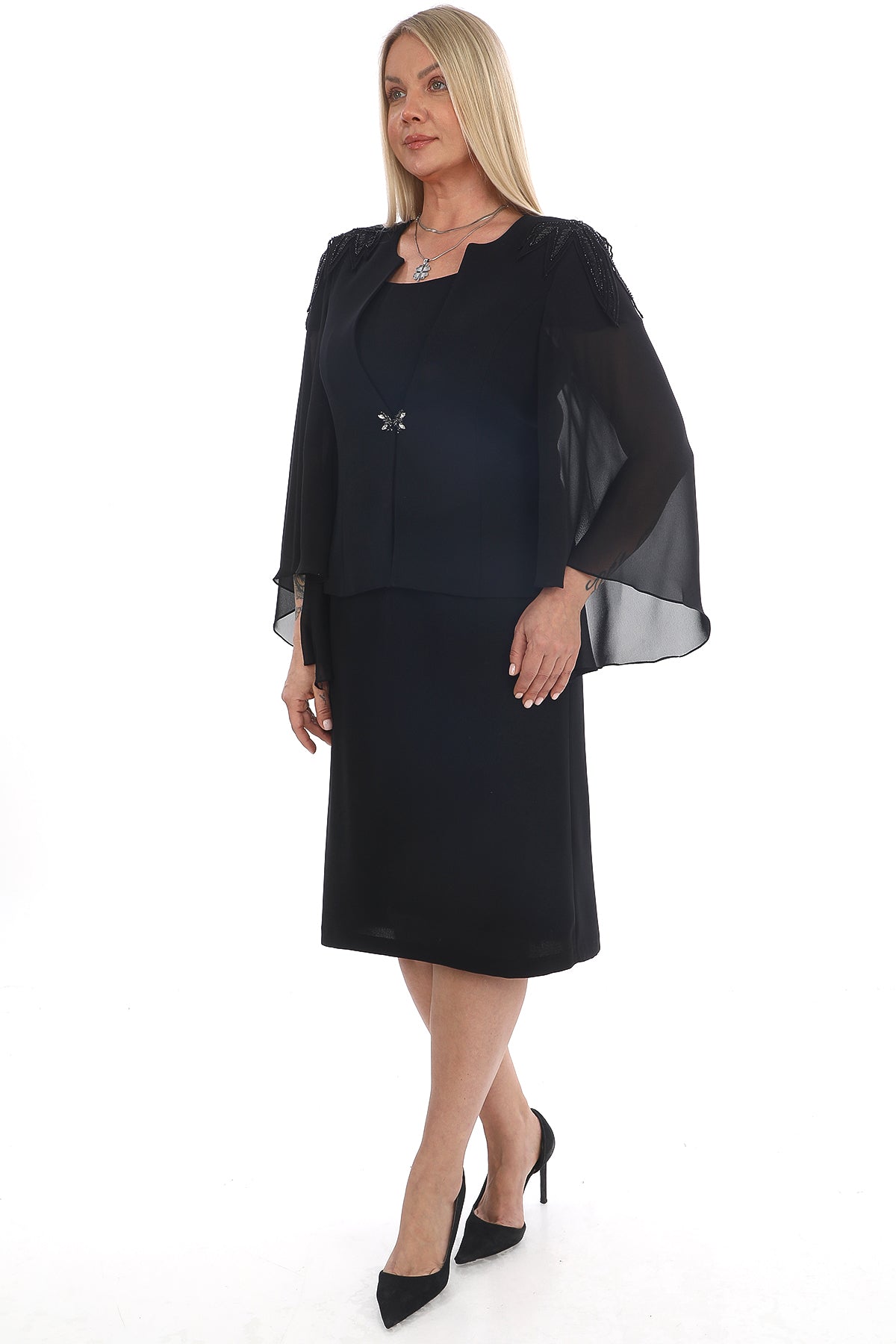 Satin Collar Chiffon Tunic and Sparkly Dress Two Piece Women's Set