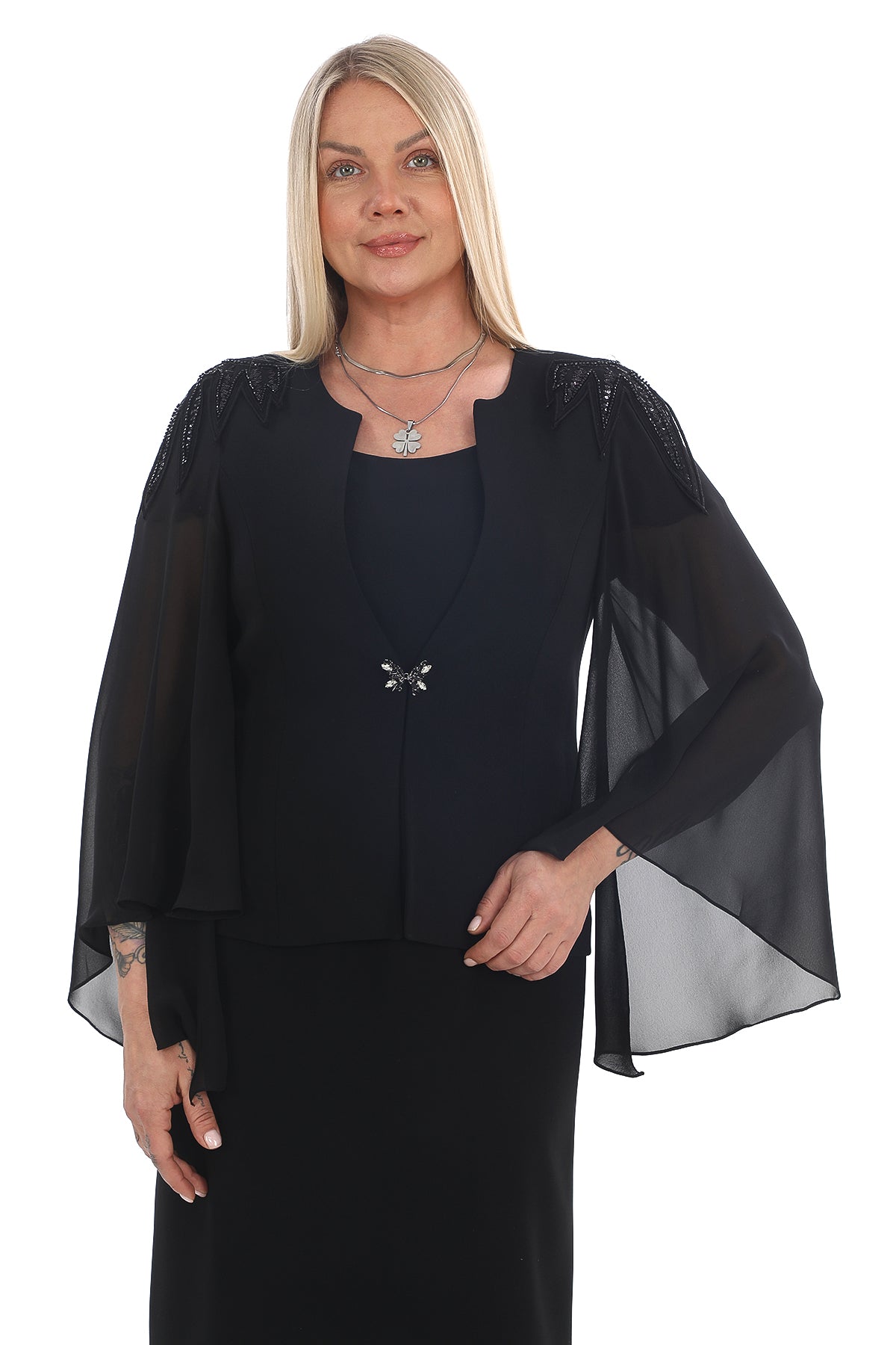 Satin Collar Chiffon Tunic and Sparkly Dress Two Piece Women's Set