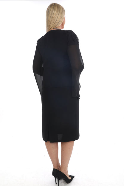 Satin Collar Chiffon Tunic and Sparkly Dress Two Piece Women's Set