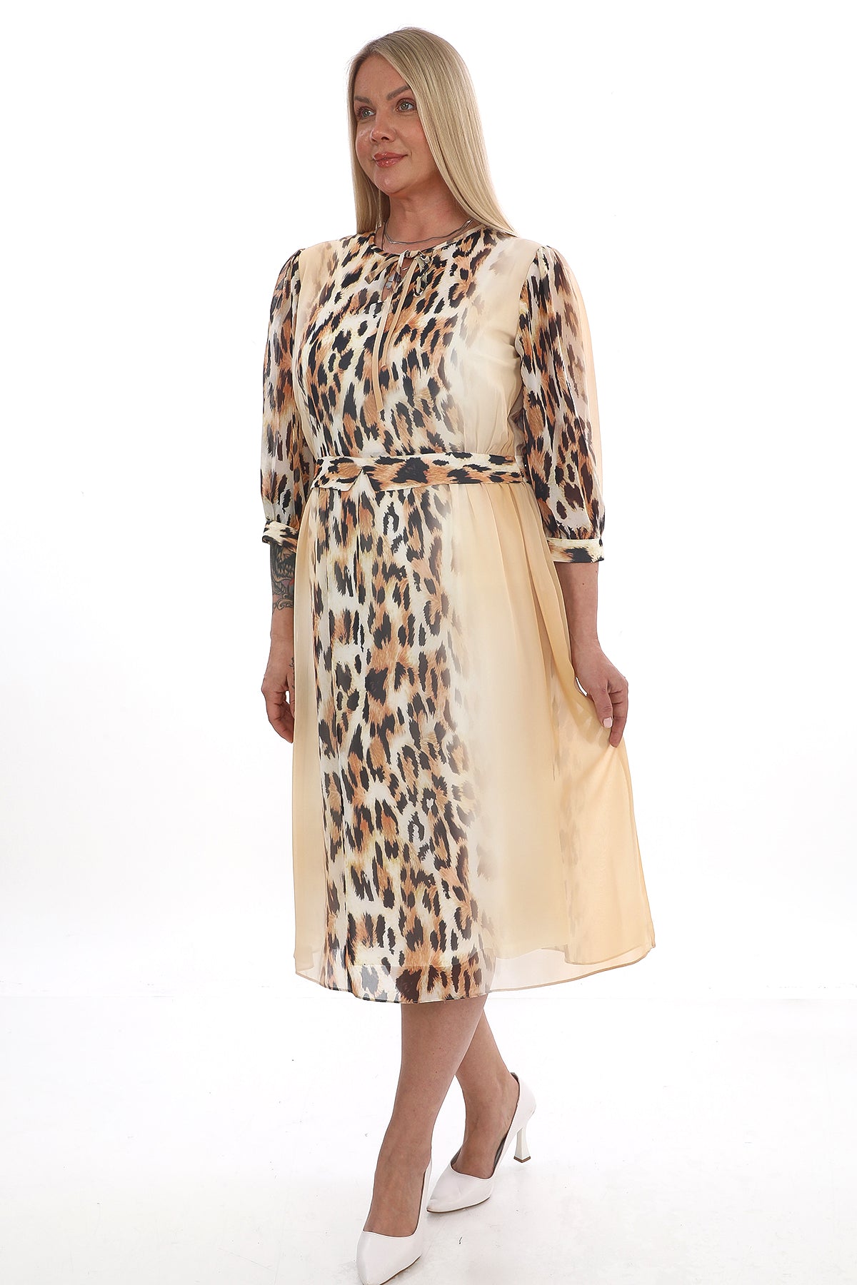 Leopar Desenli Şifon Elbise