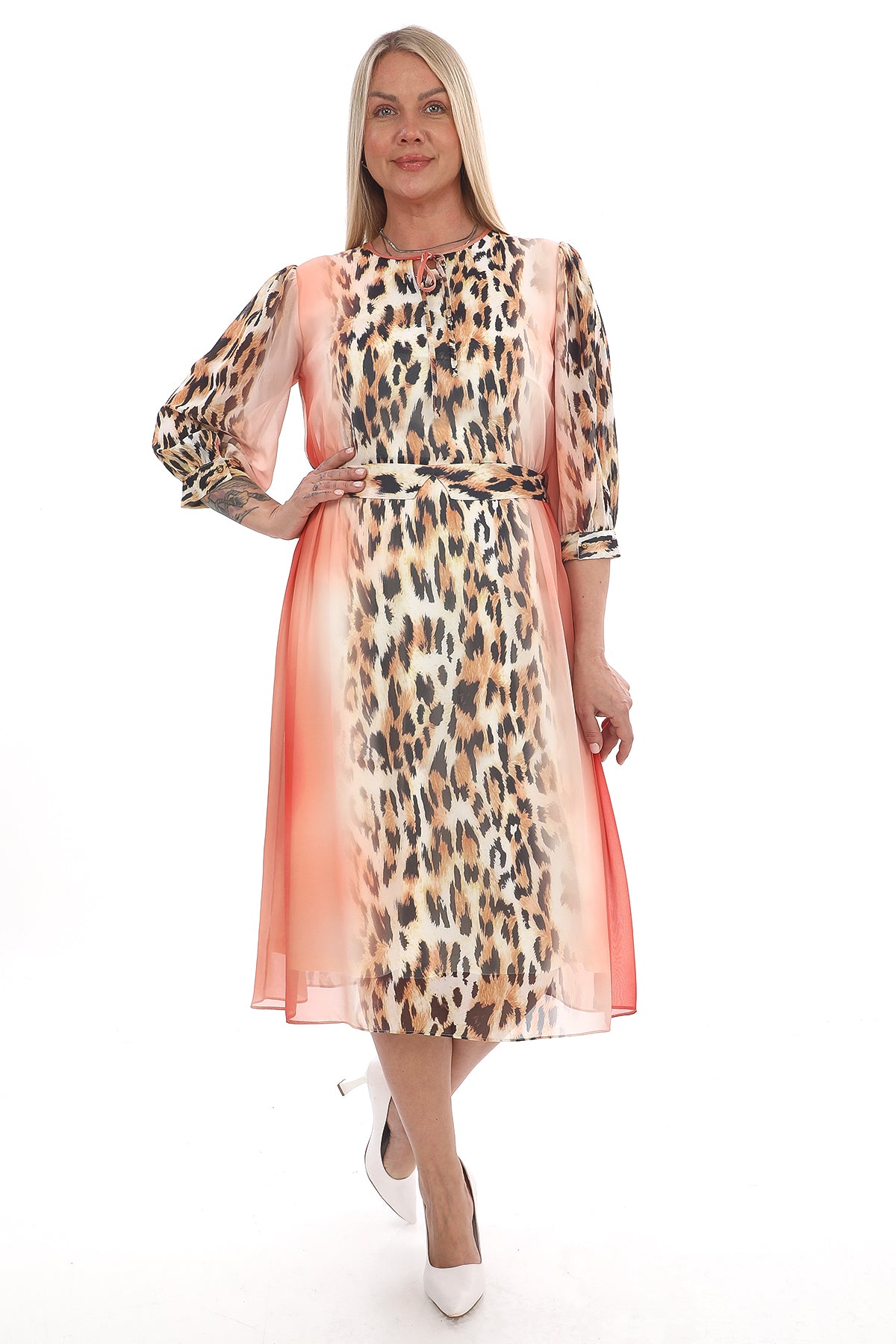 Leopar Desenli Şifon Elbise