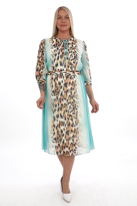 Leopar Desenli Şifon Elbise