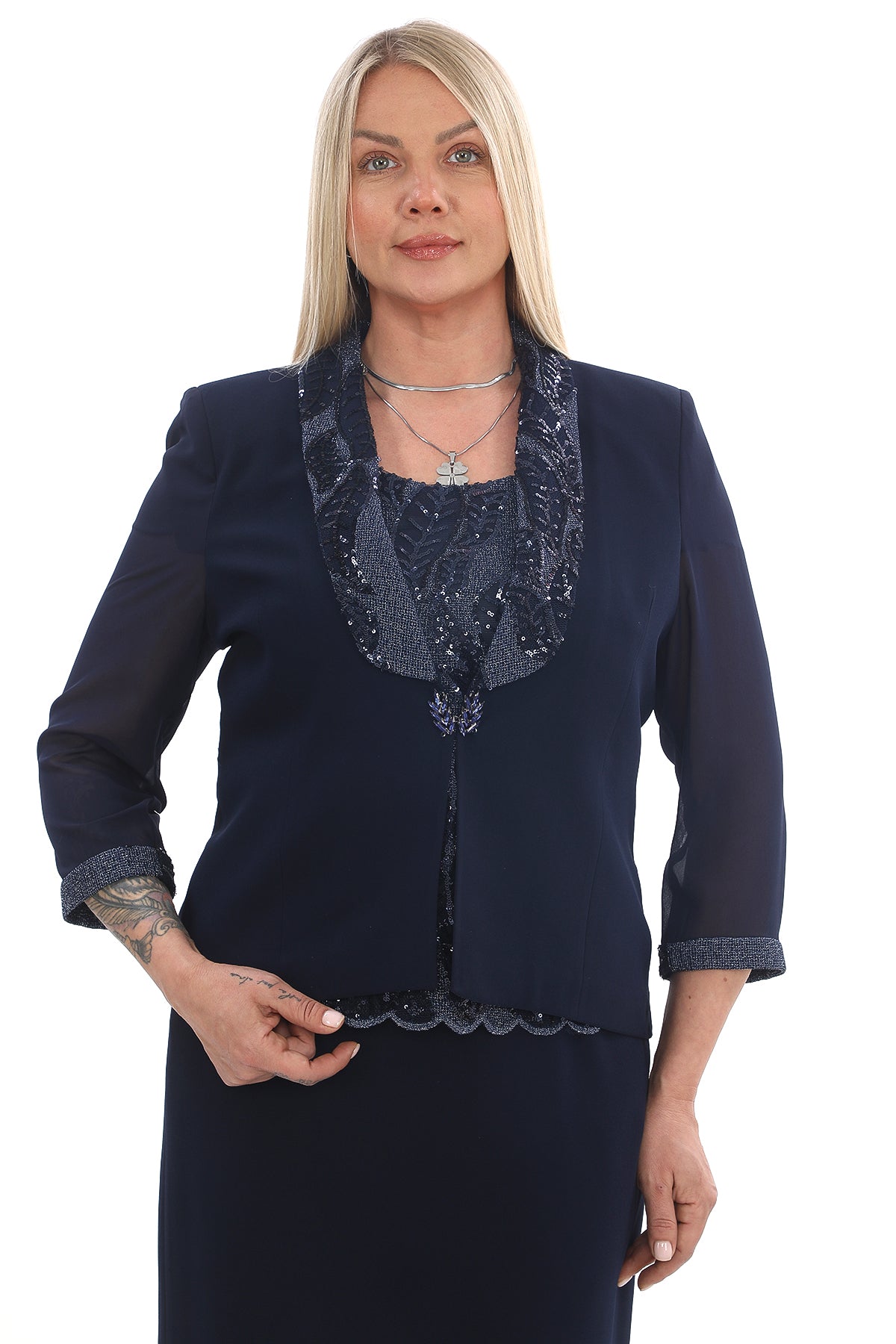 Dantel Detaylı Mavi İkili Takım (Ceket & Elbise)